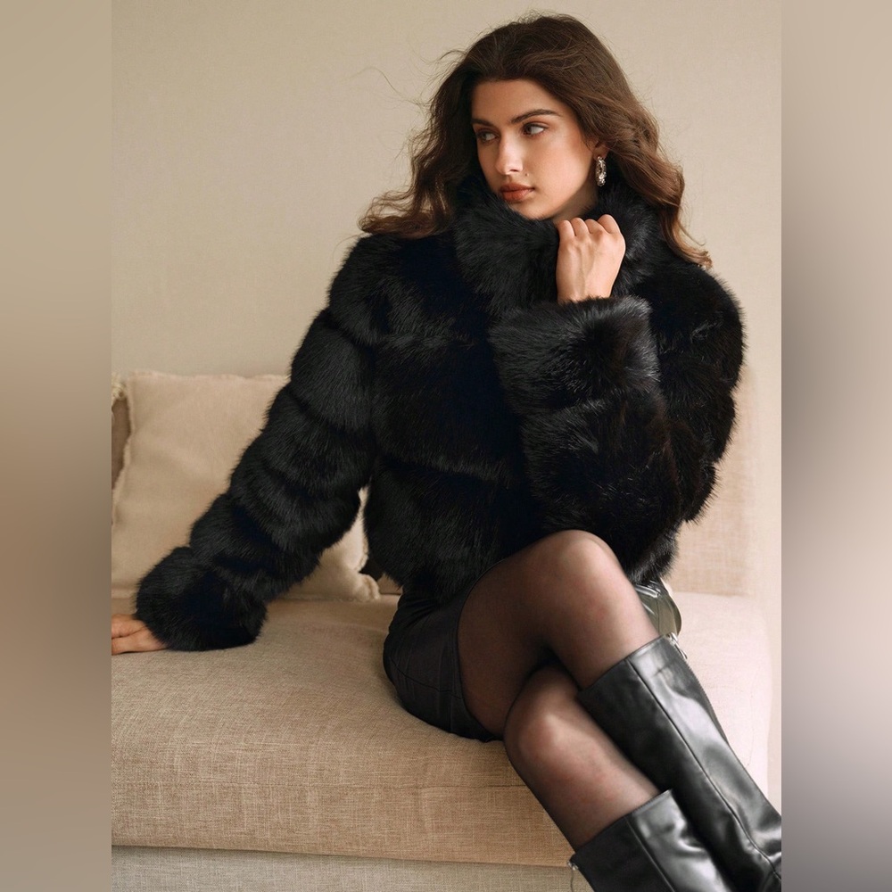 Luxury quilted faux fur jacket vintage style coat zip up black - Picture 6 of 13